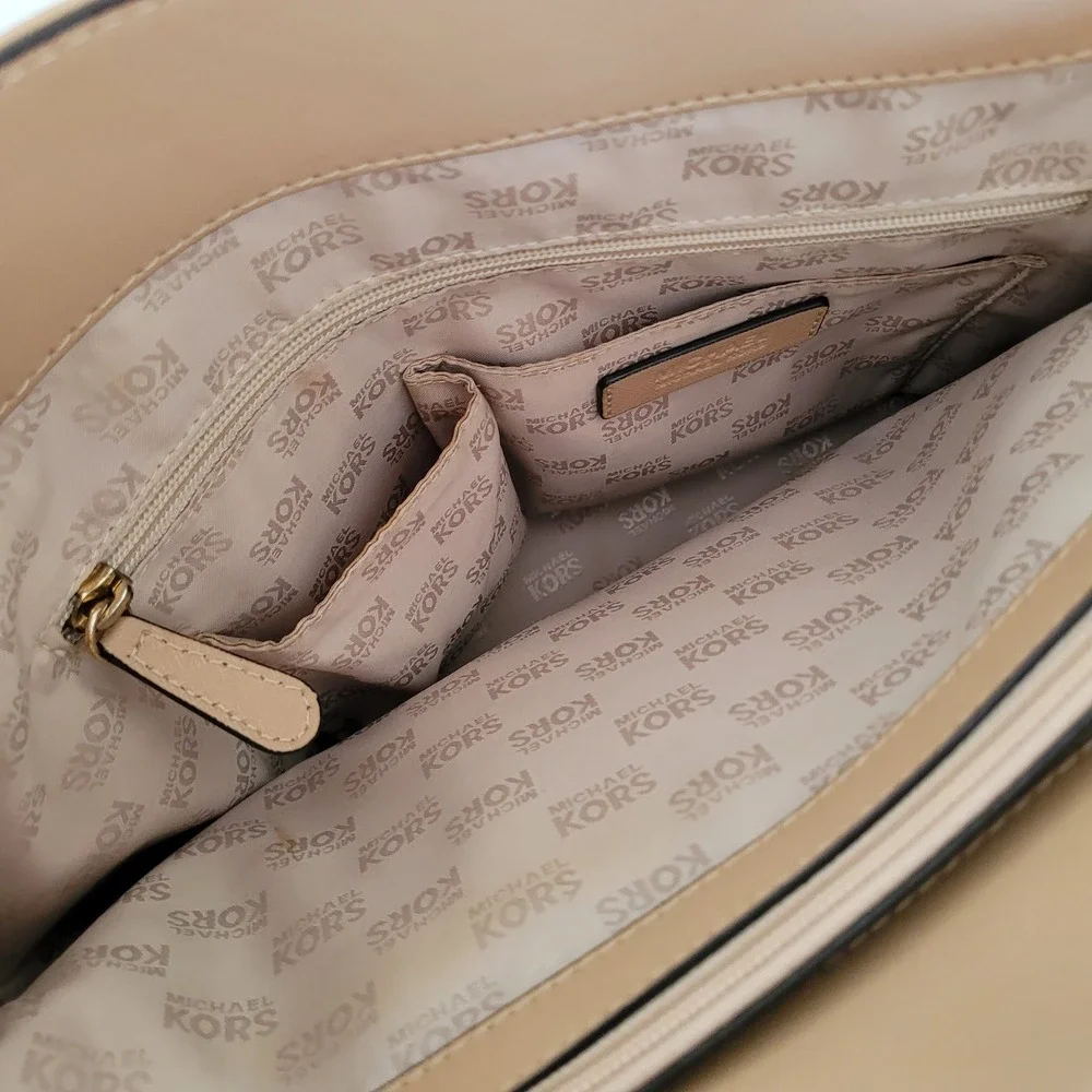 Michael Kors Jet Set Travel Saffiano Leather Tote Bag Beige Tan Gold Hardware